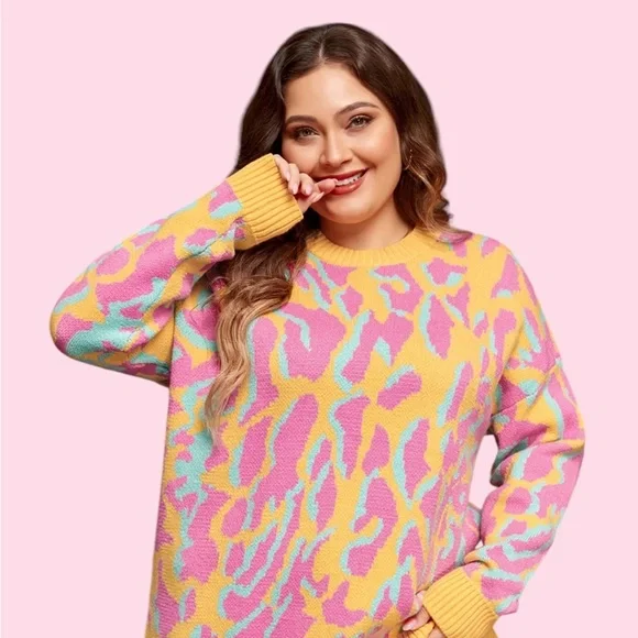 Bibi Orange and Pink Crew Neck Sweater with leopard Playful Pattern Size L - Picture 9 of 11